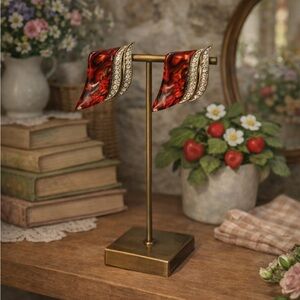 Vintage Butler Elegant Red Abalone Shell, Rhinestone & Gold Tone Clip On Earring